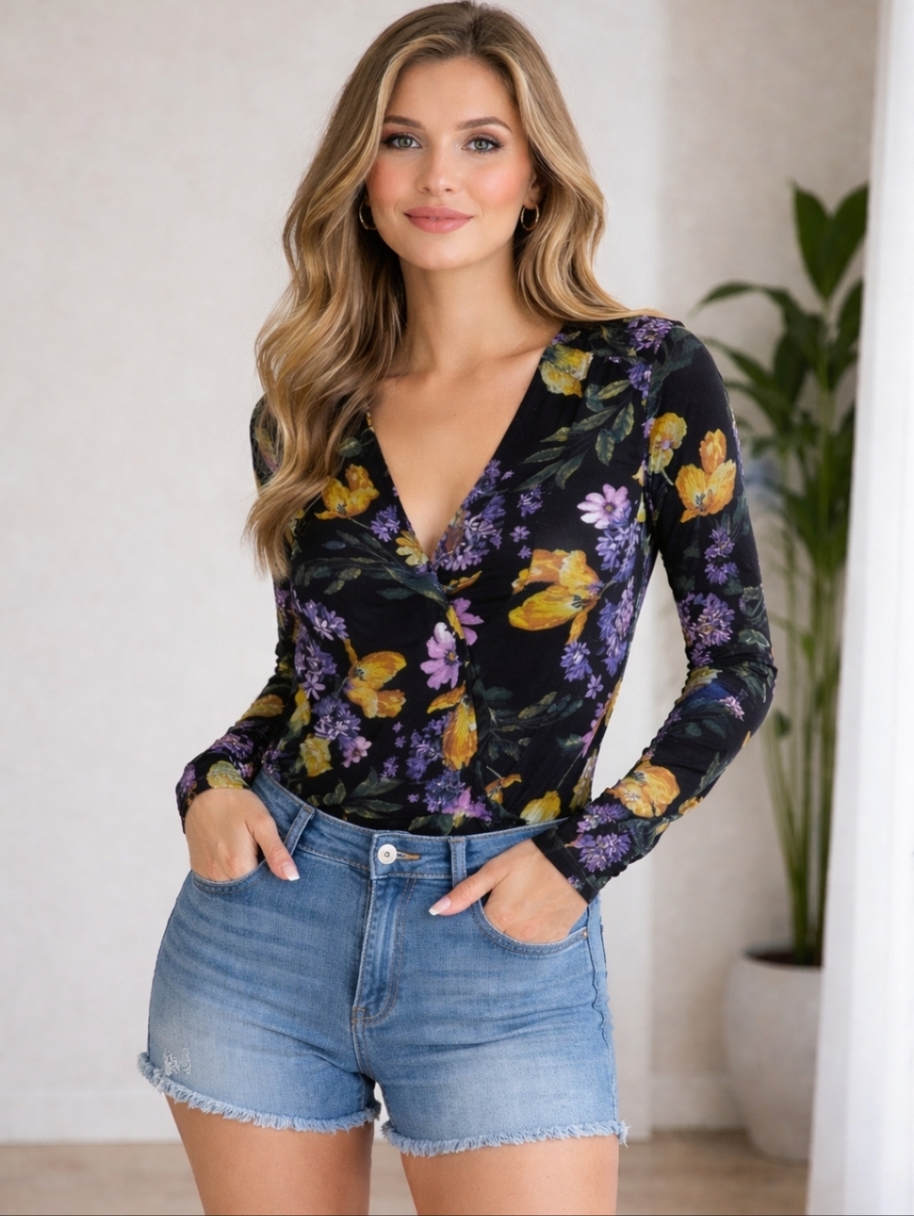 Chic Floral Bodysuit - Black and Yellow